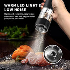 Electric Salt and Pepper Grinder Set with Base Rechargeable with LED lights, Automatic Salt and Pepper Mill Set Refillable with 5 Adjustable Coarseness Black & White