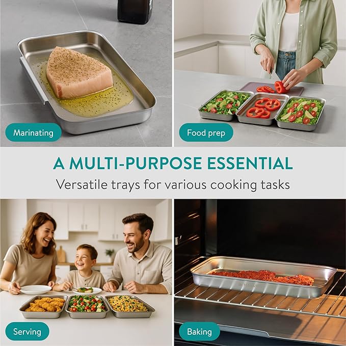 Navaris Stainless Steel Breading Trays, Set of 3 - Interlocking & Stackable Tray Design - 27x15cm Baking and Cooking Sheets - Oven and Dishwasher Ready for Versatile Kitchen Use