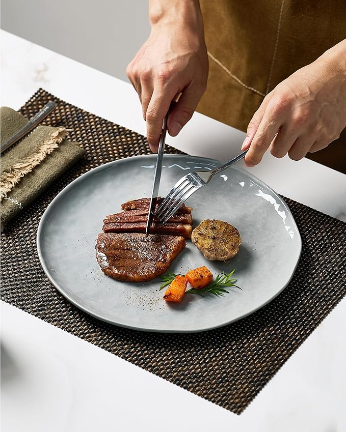 Famiware Porcelain kitchen plates and bowls set, Modern dishes set for 4, Handmade Wave Edge Dinnerware Sets, Microwave and Dishwasher Safe Tableware, Sleek Grey (16pc)