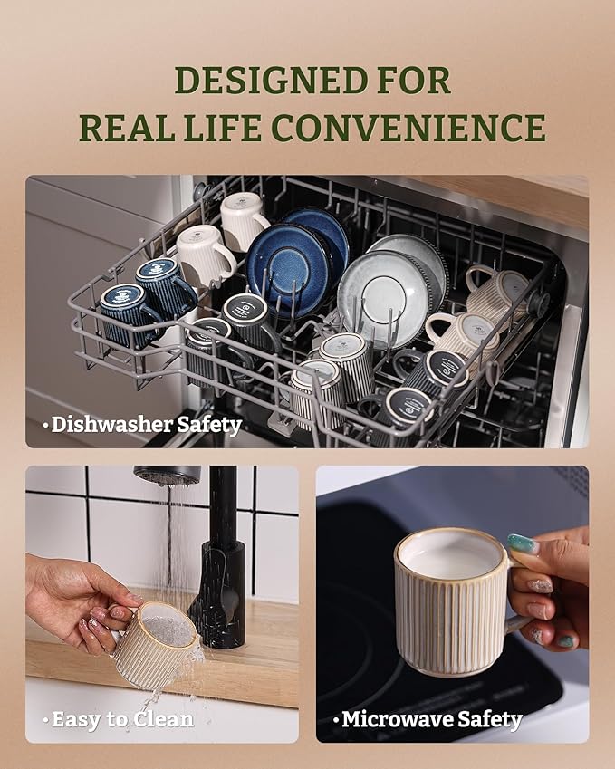 famiware Star Espresso Cups and Saucers Set of 4, [ Mini ] 3 oz Ceramic Small Coffee Mug with Handle, Ribbed Stoneware Demitasse Cup for Tea, Latte - Microwave & Dishwasher Safe - Cappuccino White