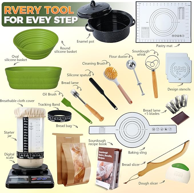 Sourdough Bread Baking Supplies 34 oz Sourdough Starter kit with Pot, 2 Silicone Bread Proofing Baskets, and Bread Making Tools Kit - Green
