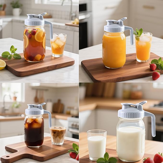 Mason Jar Pitcher With Pour Lid 32 Oz Glass Breast milk Storage Jug 1 Quart Wide Mouth Glass Tea Pitcher With Handle Creamer Container For Fridge Juice, Cold Brew Coffee,Lemonade,Beverage 2 Set
