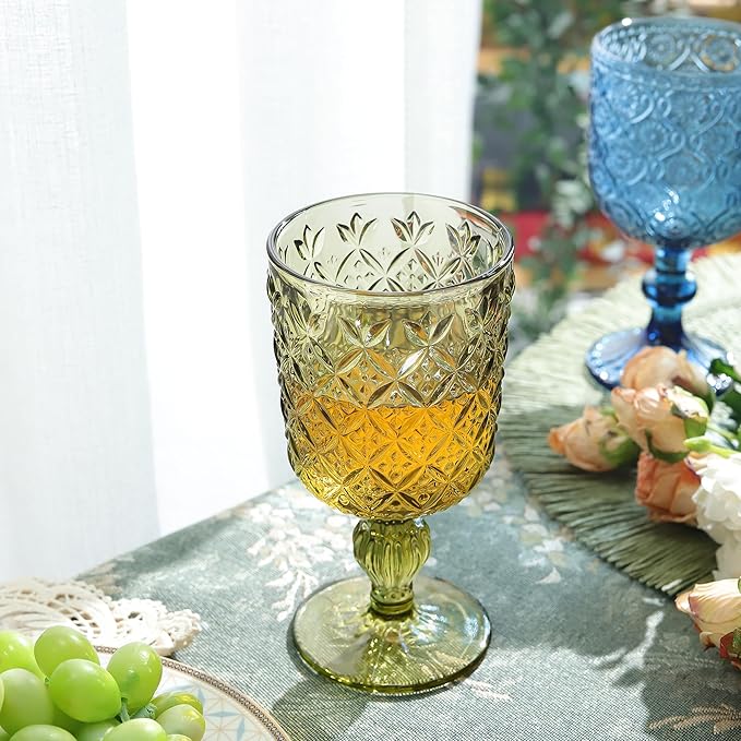 Joeyan Green Vintage Wine Glasses,Water Goblet Glasses,Stemmed Drinking Glasses with Embossed Pattern,Colored Glassware for Wedding Party Banquet Feast,10 oz,Set of 4,Dishwasher Safe