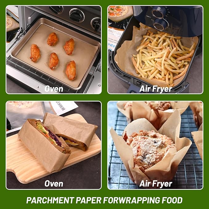 WMKGG 100Pcs Unbleached Parchment Paper for Baking, 8 x 12 Inch Precut Heavy Duty Parchment Paper Sheets for Cooking, Grilling, Air Fryer and Oven