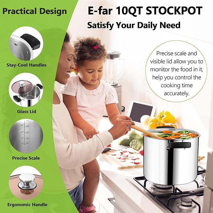 E-far 10 Quart Stock Pot, Tri-ply Stainless Steel Stockpot with Lid for Cooking Stewing Simmering Soup, Stay-Cool Handles & Heavy Duty, Compatible with Induction Gas Electric, Dishwasher Safe