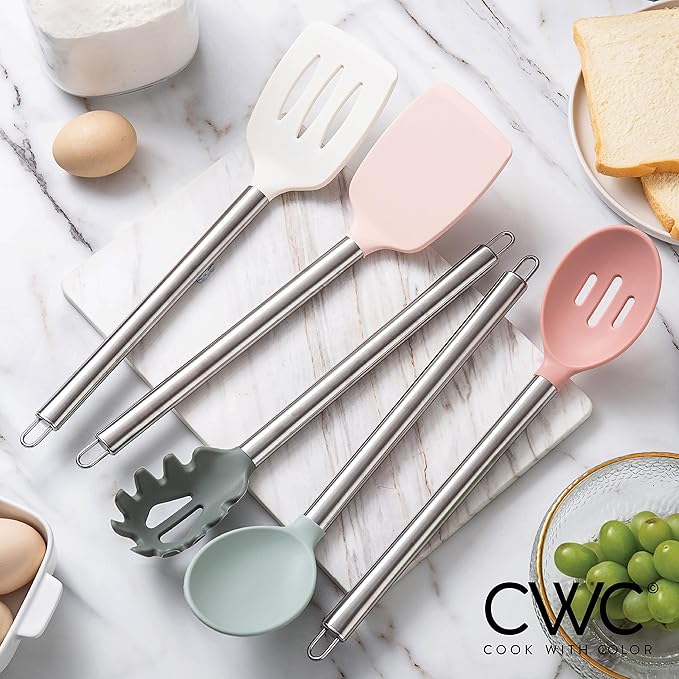 COOK WITH COLOR Silicone Cooking Utensils, Kitchen Utensil Set, Easy to Clean Silicone Kitchen Utensils, Cooking Utensils for Nonstick Cookware, Kitchen Gadgets Set, 5 Pieces, Mint