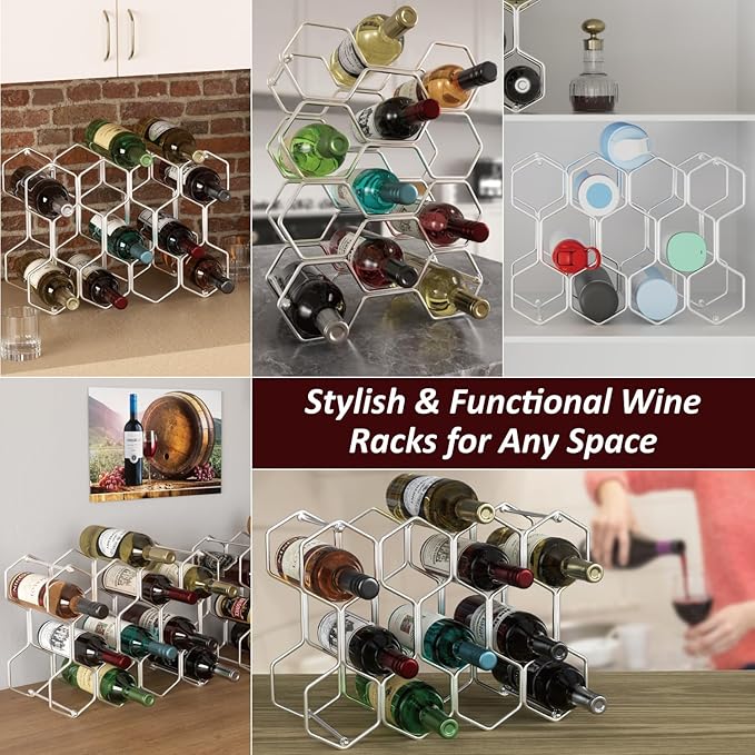 Buruis Countertop Wine Rack, 14-Bottle Modern Freestanding Metal Holder for Red and White Wine, Tabletop, Kitchen, Bar, and Cabinet Storage (Chrome)