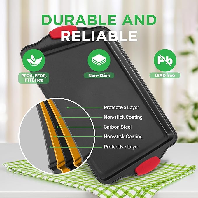 NutriChef 3-Piece Nonstick Kitchen Oven Baking Pans - Premium & Stylish Non-Stick Steel, Commercial Grade Restaurant Quality Metal Bakeware with Red Silicone Handles - Easy to Clean, NCSBS3S