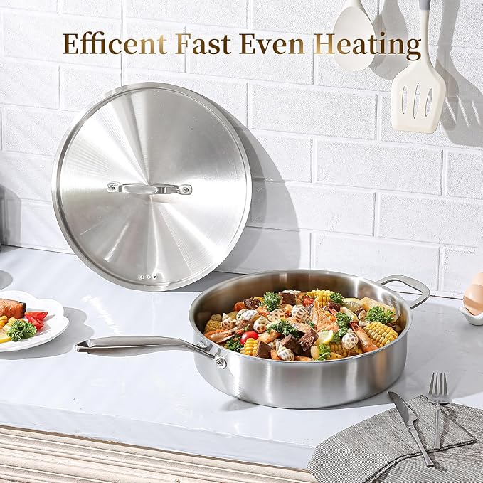 DELARLO 5QT Saute Pan Tri-Ply Stainless Steel Pan, 12Inch Deep Frying Pan with Steel cover, Kitchen Large Skillet,Heavy Duty Style Compatible With All Cooktops Up to 650℉