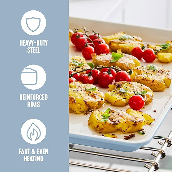 GreenLife Bakeware 18” x 13” Half Cookie Sheet Baking Pan, Non-Toxic PFAS-Free Healthy Ceramic Nonstick, Oven Safe to 450°F, Easy Release, Even Heating, Easy Clean, Blue Haze