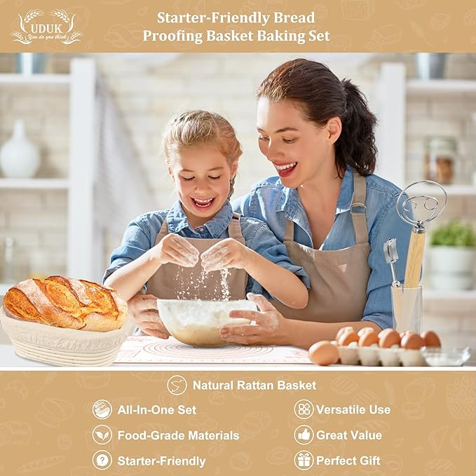 Banneton Bread Proofing Basket,Sourdough Proofing Basket Set of 2, 10 inch Round and 9.6 Oval with Bread Making Tools, Sourdough Bread Baking Supplies, Natural Rattan Proofing Bowls Baskets