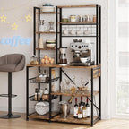 Bakers Rack with Power Outlet, 7-Tier Microwave Stand with Wire Basket, Coffee Bar with 4 s-Shaped Hooks, Kitchen Open Storage Shelf Rack for Spices, Pots, Brown