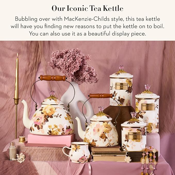 MACKENZIE-CHILDS Enamel Tea Kettle, Decorative Tea Kettle for Stovetop, 3 Quarts, Wild Rose White