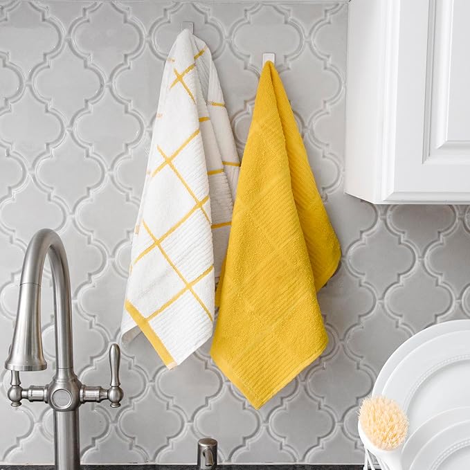 T-fal Solid & Checked Parquet Kitchen Towels: Highly Absorbent, Super Soft Long Lasting - 100% Cotton, 16"x26" Dish Towels for Cleaning & Drying Dishes, Pans, Glassware, Countertops, 6-Pack, Lemon