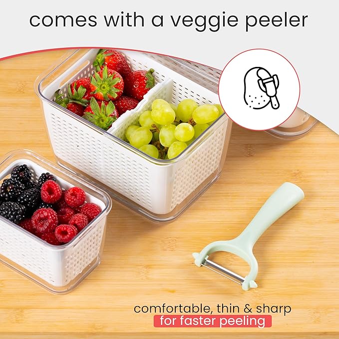 Premium Fruit Storage Containers for Fridge with Veggie Peeler – 3-in-1 Produce Containers for Fridge with Strainer & Removable Colander – Large, Clear Fruit and Vegetable Storage Organizer (Set of 3)