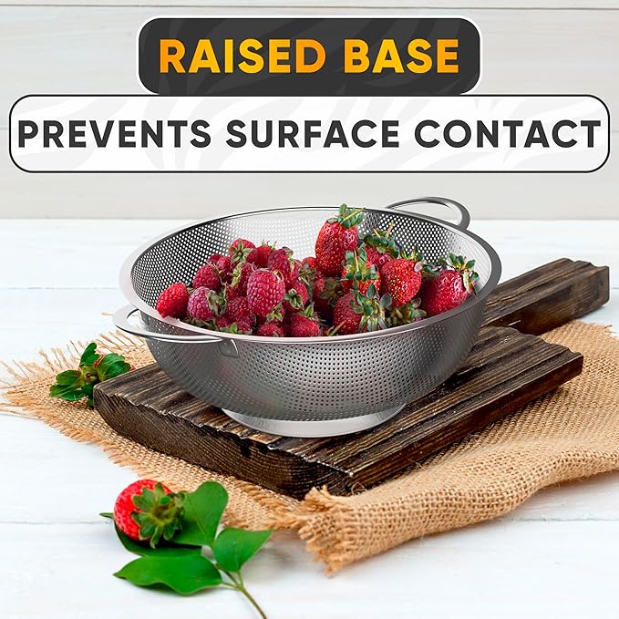 Stainless Steel Colander for Kitchen - 5Qt Rice Strainer With Handles, Perforated Design, Dishwasher Safe, Rust-Resistant - Versatile Pasta Strainer for Grains, Beans, Spaghetti, Veggies, Fruits