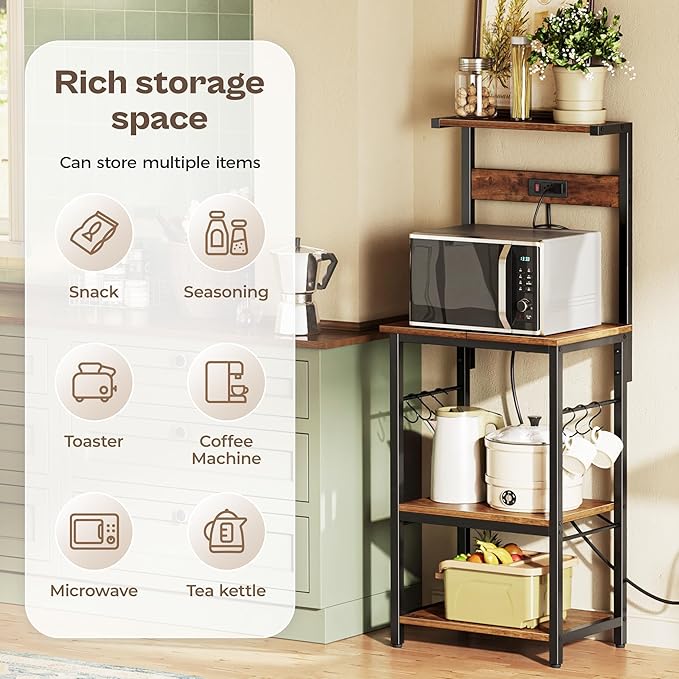 SUPERJARE 4 Tier Bakers Rack with Power Outlets, Microwave Stand with Adjustable Shelf, Kitchen Shelf Organizer for Small Space, Coffee Bar with 6 S Hooks, Kitchen Storage Rack, Rustic Brown