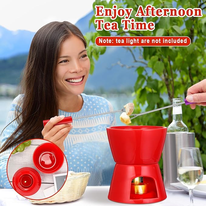 Nuogo 4 Pcs Fondue Pot Set Mini Melting Bowl Set with 16 Pcs Mini Forks for Cheese, Chocolate, Tapas, Butter and Caramel (Red)