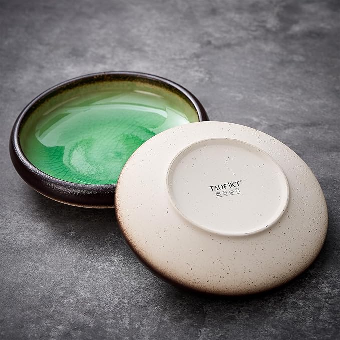 Ceramic Dinner Plates Set of 4, 8 Inch Large Porcelain Pasta and Salad Plates, Stoneware Plate Set for 4, Handmade Round Dishes for Home Decor, Microwave,Oven,and Dishwasher Safe, Green