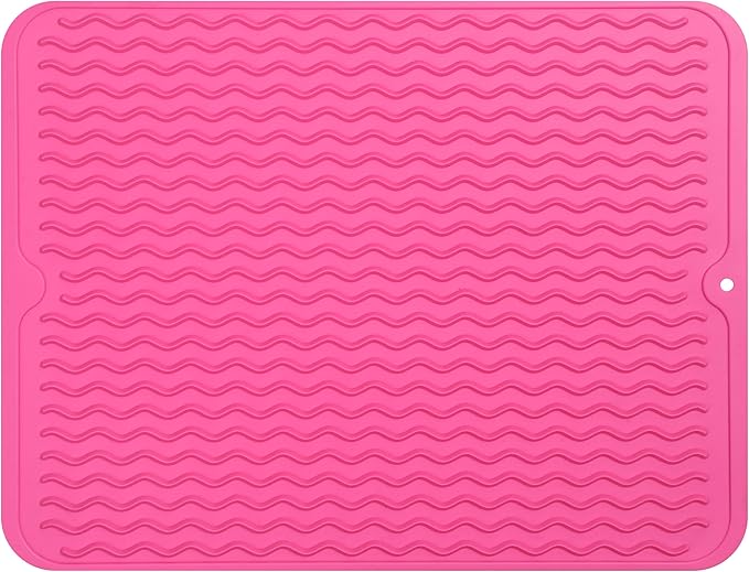 Silicone Dish Drying Mat for Multiple Usage,Easy clean,Eco-friendly,Heat-resistant Silicone Mat for Kitchen Counter or Sink,Refrigerator or drawer liner Rose L 16 inches x 12 inches