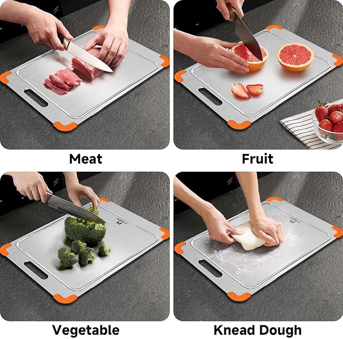 100% Pure Titanium Cutting Board with Grooves, Update Double Side Titanium Chopping Board, Silicone Anti-slip Stainless Cutting Boards for Kitchen 12 * 18 IN, Orange