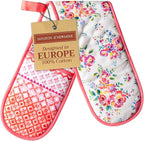 Maison d' Hermine Double Oven Mitts 100% Cotton 7"x35" Double Oven Mitt Heat Resistant BBQ Cooking Gloves with Loop, Baking, Grilling, Home, Kitchen, Handling Hot Pans Spring Summer (Rose Garden)