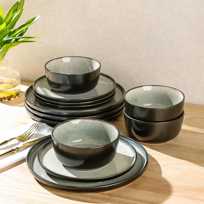 AmorArc Stoneware Dinnerware Sets,Round Reactive Glaze Plates and Bowls Set,Highly Chip and Crack Resistant | Dishwasher & Microwave Safe Dishes Set,Service for 4 (12pc)