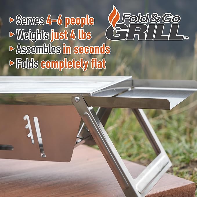 FoldNGo Portable Charcoal Grill with 6 Skewers - Stainless Steel Foldaway Grill for Camping, BBQ, Tailgating, Picnics - Instant Assembly, Includes Gloves & Carry Bag