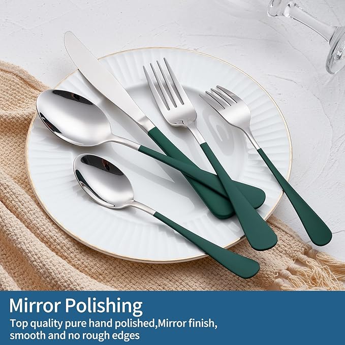 20-Piece Green Silverware Set 18/0 Stainless Steel Flatware Green Handle Cutlery Set Service for 4 Dinner Knives Forks Spoons Set Mirror Finish Dishwasher Safe