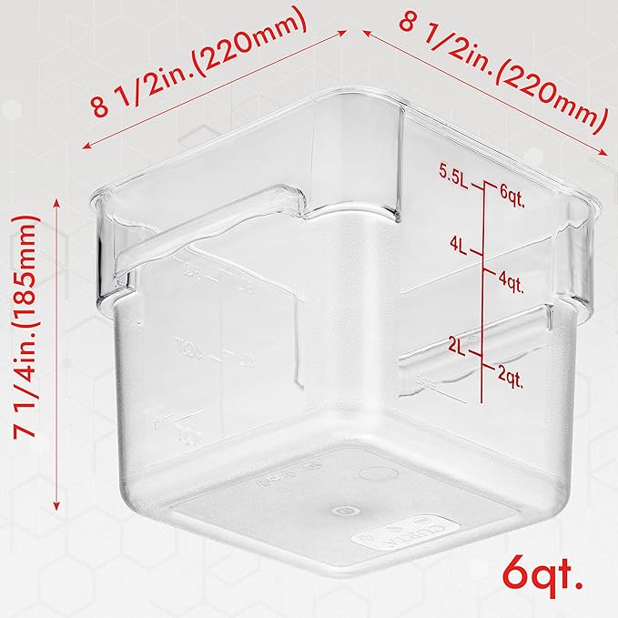 CURTA 4 Pack Food Storage Container with Red Lid - NSF Commercial Grade in 6.0 Qt - Square, Clear, Polycarbonate