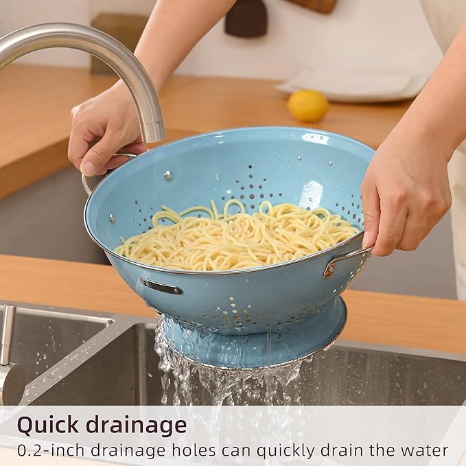 Metal Colander 2 Pack, Strainer Bowel with Handles 2Qt & 6Qt Powder Coated Solid Ring Base Heavey Duty Kitchen Drainer Basket for Pasta Veggies and Fruits,New Home Apartment Essentials (ArcticBlue)