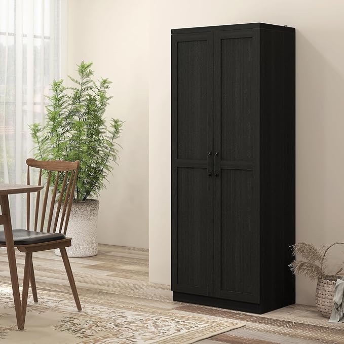 HOMCOM 63" 2-Door Kitchen Pantry, Freestanding Storage Cabinet with 5-Tier Shelving and 2 Adjustable Shelves for Dining Room, Black Wood Grain