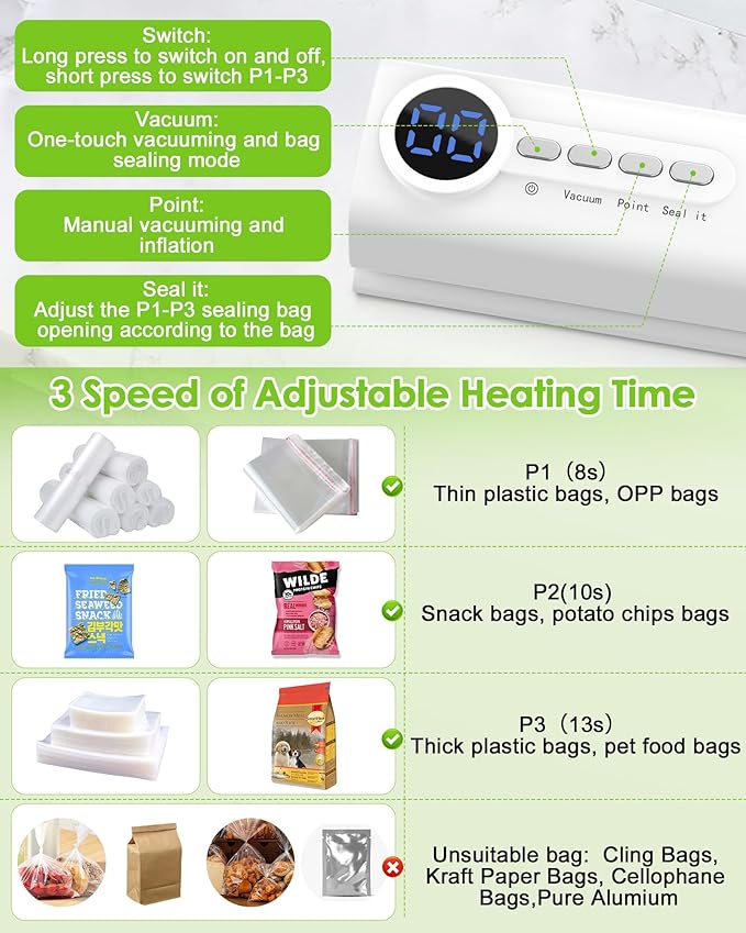Small Magnetic Vacuum Sealer for Food, 62 Kpa Strong Suction, 3-in-1 Cordless Rechargeable Food Sealer with 1 Vacuum Bag & 4 Snack Bags, Heat Sealer, Inflation Pump for Balls/Swim Ring - White