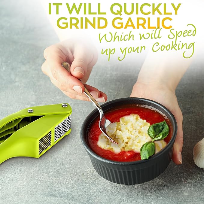 2 in 1 Garlic Slicer and Mincer - Multipurpose Garlic Press and Slicer, Stainless Steel and Durable Plastic, 7.6 x 1.7 x 2.5" Convenient Size, Easy to Use and Clean, Good for Home & Commercial Use