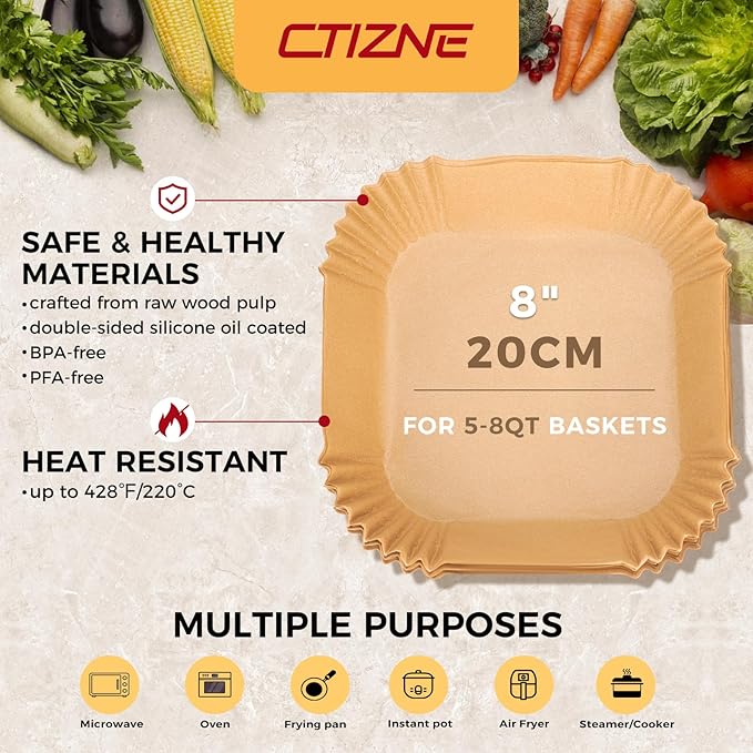 Air Fryer Liners Disposable - 300Pcs 8In Square Parchment Paper for Air Fryer Non-Stick Airfryer Basket Liners for Steamer Microwave Oven