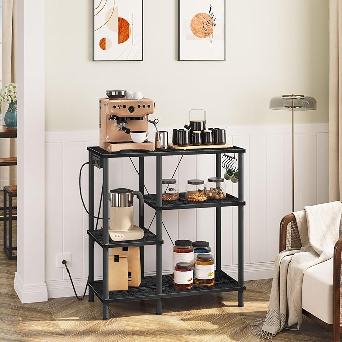 HOOBRO Bakers Rack with Power Outlet, Microwave Stand with 5 S-Shaped Hooks, Coffee Bar, Kitchen Storage Shelf, for Kitchen, Living Room, Black BB07UHB01