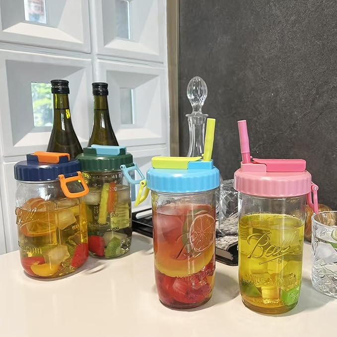 4 Pack Wide Mouth Mason Jar Lids with Straw, Leak-Proof Covers for Drinking or Storage, Fits Ball & Kerr Mason Jars