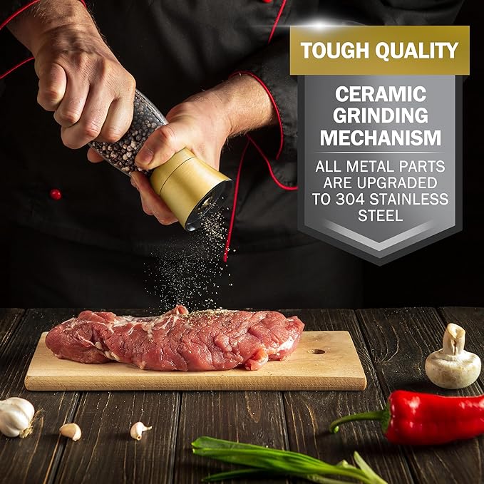 Home EC Original Gold Salt and Pepper Grinder Set of 2 - Adjustable Ceramic Grinder - Glass Salt and Pepper Shakers With Funnel and Ebook - Kitchen Spice Mill - Gold Kitchen Accessories