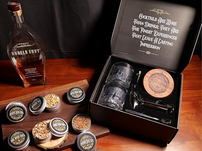 Whiskey Smoker Kit | Cocktail Smoker Kit| Bourbon Smoker Kit| Old Fashioned Smoker Kit with Torch & Glasses, 6 Wood Chips & Gift Box for Smoking Drinks| Whiskey Gift for Men (No Butane Incl.)