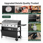 5 Burner Griddle Grill Combo, 2 in 1 Propane Gas BBQ Grill with Porcelain-Enameled Cast Iron Grates & Pan, Outdoor Flat Top Griddle, 695 Sq. In. Propane Barbecue Grill for Patio Backyard Balcony