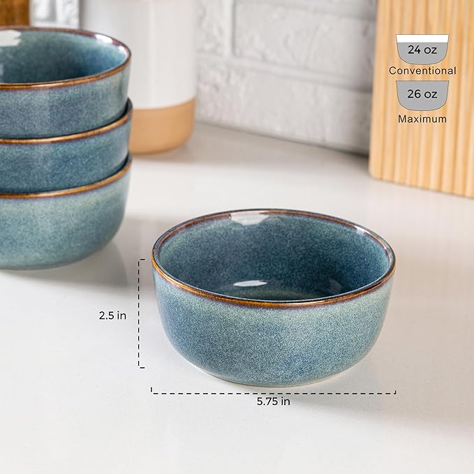 AmorArc Cereal Bowls Set of 6 for Kitchen, 26oz Stoneware Soup Bowls Set for Cereal Soup Meal, Dishwasher &Microwave Safe, Ceylon Blue
