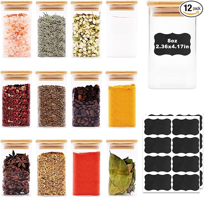 Glass Food Storage Jars Square 8oz, 12 Pack Glass Jars With Bamboo Lids, Kitchen Storage Containers For Spice, Candy, Cookie, Storage For Pantry Organizers