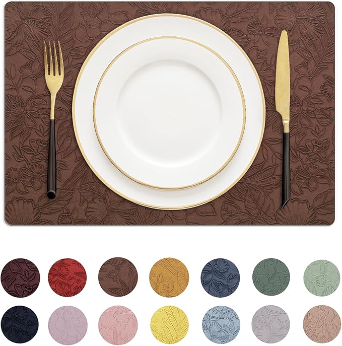 Romanstile Vinyl Placemats Set of 4-12 X 18 Inch - Heat Resistant Non-Slip Embossed Floral Place Mats 100% Waterproof Oilproof Wipeable Faux Leather Table Mats for Kitchen/Dining/Party, Brown