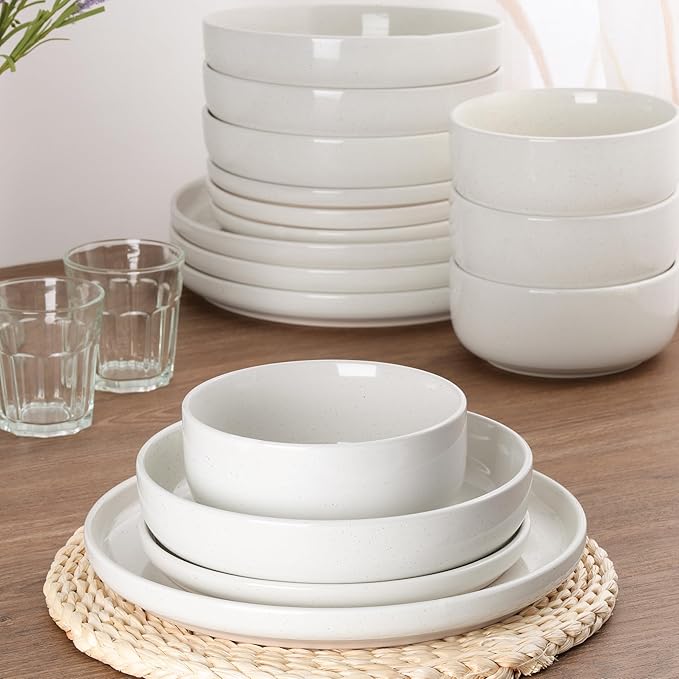 HaWare 16-Piece Plates and Bowls Set for 4, Stoneware Dinnerware Sets with Pasta Bowl, Dishes Set for Home Restaurant, Speckled Milky White