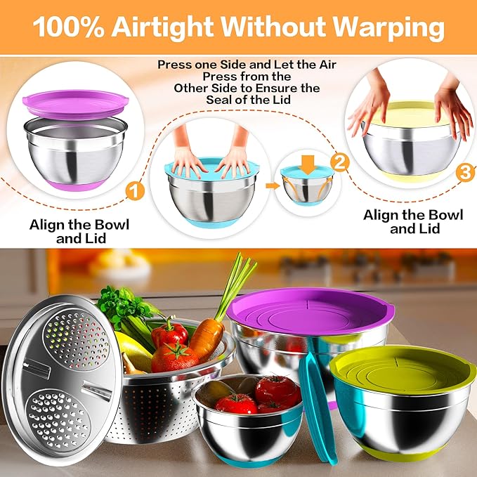 Mixing Bowls with Airtight Lids, Stainless Steel Mixing Bowl Set with 3 Metal Nesting Bowls, Colander & Grater, Non-Slip Bottoms, Size 1.5, 2.5, 6 QT, Great for Mixing & Serving, Mutilcolor