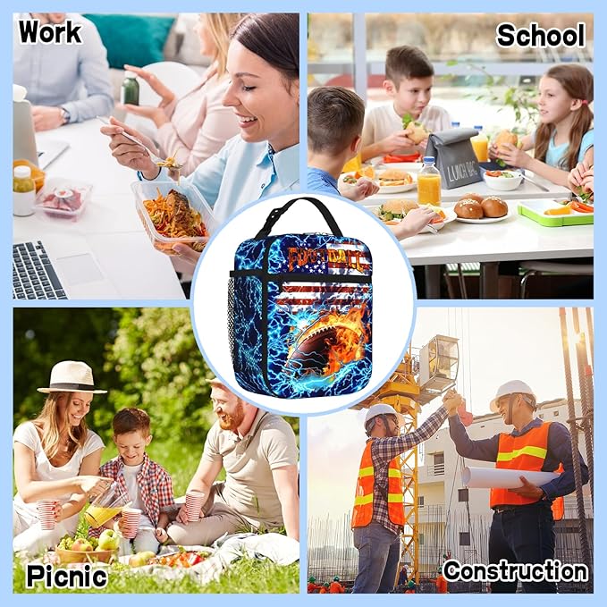 American Football Lunch Bag for Boys Insulated Reusable Football Lunch Box Portable Waterproof Leakproof Footballs Lunch Tote Bag Boy Lunch Box for School Picnic Travel Back to School Gifts
