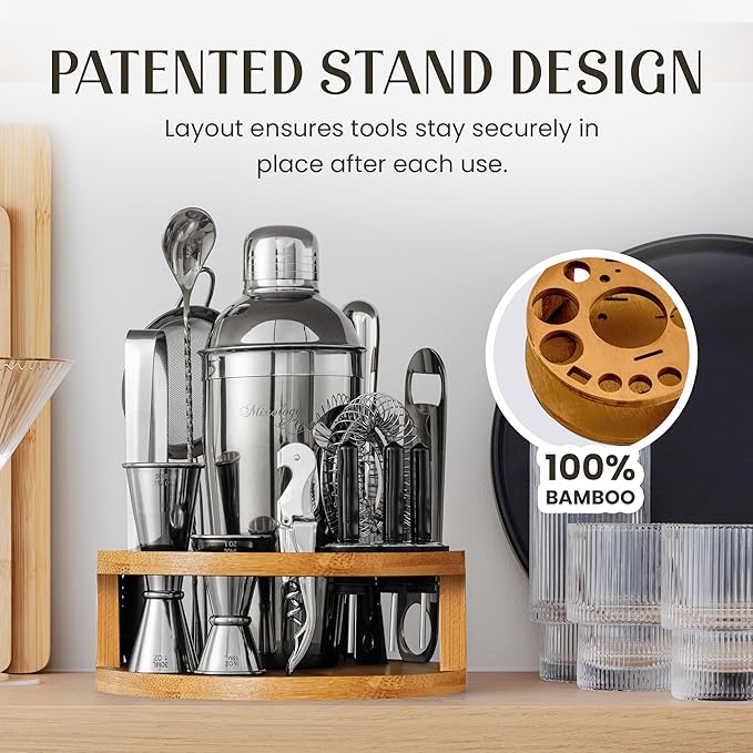 Mixology & Craft Bartender Kit – 15-Piece Cocktail Shaker Set with Bar Tools, Premium Stainless Steel Drink Mixer Accessories for Home Bar, Includes Bamboo Stand, Plus Exclusive Recipe Cards (Silver)