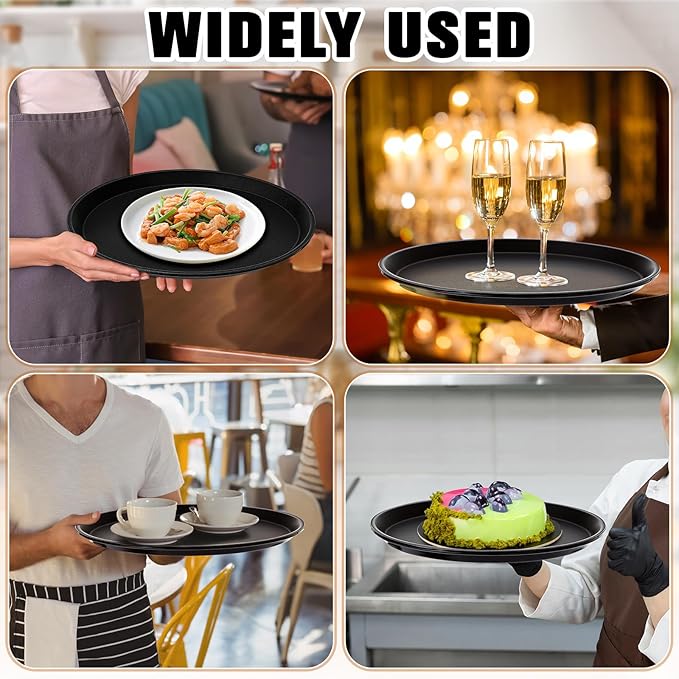 Zopeal 6 Pieces Black Round Restaurant Serving Tray, Plastic Non Slip Surface Food Meals Server Tray with Raised Edges for Home, Kitchen, Restaurant, Cafeteria, Bar (14")