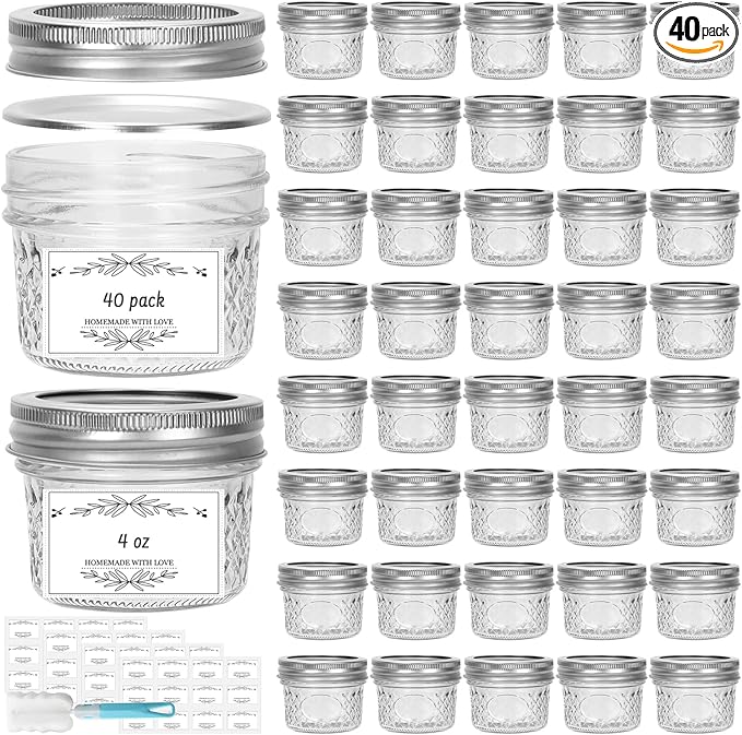 4 oz Glass Small Mason Jars, 40 Pack Regular Mouth Glass Canning Jars with Silver Aluminum Lids and Bands, Airtight Jam Jars for Food Storage, Fermenting, Honey, Dessert, DIY Candles Decor