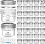 4 oz Glass Small Mason Jars, 40 Pack Regular Mouth Glass Canning Jars with Silver Aluminum Lids and Bands, Airtight Jam Jars for Food Storage, Fermenting, Honey, Dessert, DIY Candles Decor